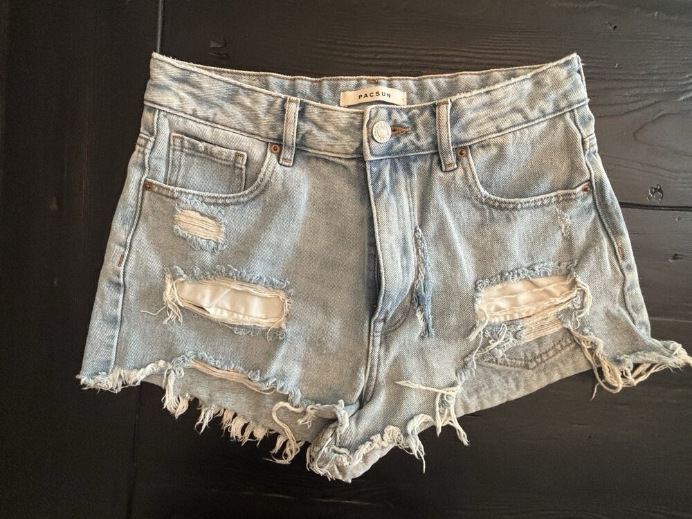PacSun High Rise Festival Shorts Womens 27 Blue Denim Cutoff Distressed Frayed